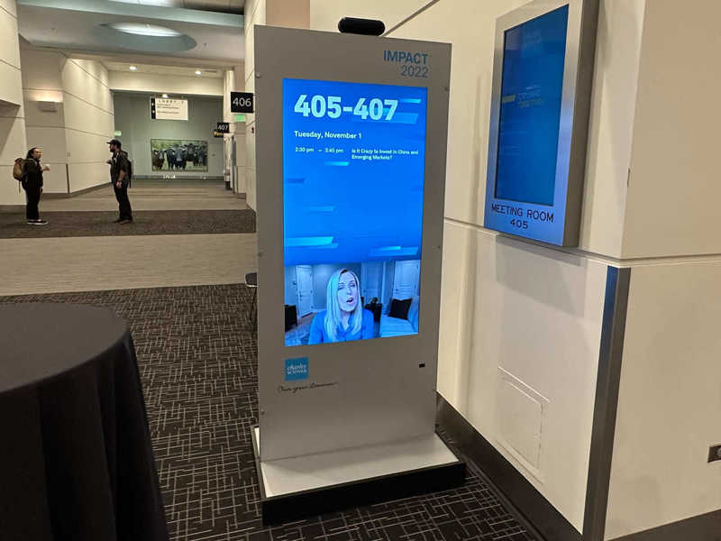 a medium-sized digital signage totem with rotating messaging